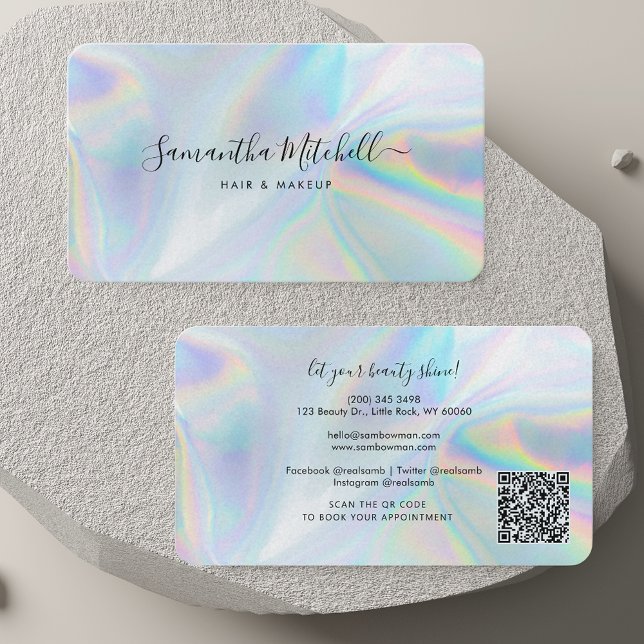 Cartão De Visita Cabelo de Script de Código QR Holográfico e Salão  (Holographic QR Code Script Hair and Makeup Salon Business Card)