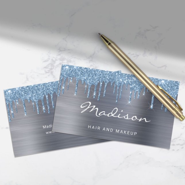 Cartão De Visita Cabelo E Maquiagem De Coleta Azul Elegante (Elegant Blue Glitter Drip Hair And Makeup Business Card)