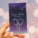 Cartão De Visita Cabelo Estilista Roxos Púrpuros Silver Salão da La<br><div class="desc">Hair Stylist Modern Purple Drips Silver Glitter Salon Cartões de visitas.</div>