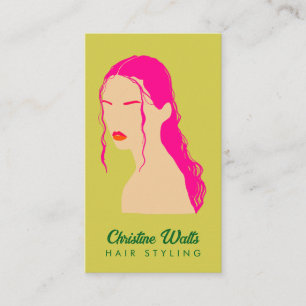 Cartão De Visita Cabelo Rosa Moderno Verde Lima Estilo Plano QR