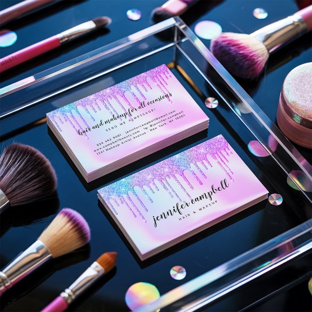 Cartão De Visita Cabelos de maquiagem unicórnio holográfico pingos  (Holographic unicorn makeup hair pink glitter drips)