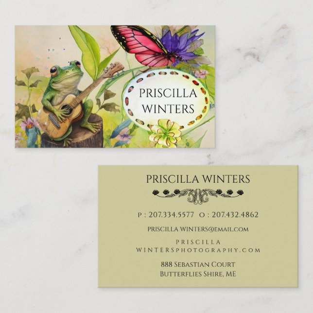 Cartão De Visita Cachorra Aquática Guitarra Sapo Borboleta Verde (Frente/Verso)