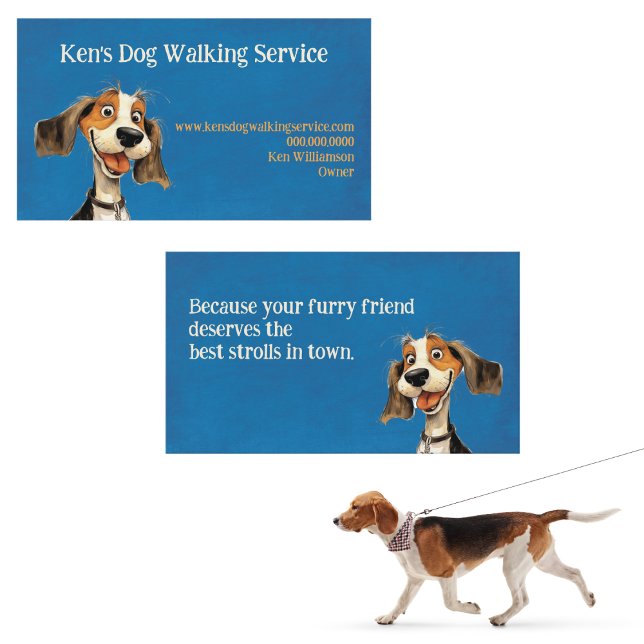 Cartão De Visita Cachorro Bonito Caminhando (Happy Beagle dog walking business card for trusted, local pet care and tail-wagging walks.)