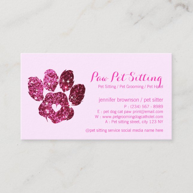 Cartão De Visita Cachorro Elegante Glitter Pet Sitter Paw (Frente)