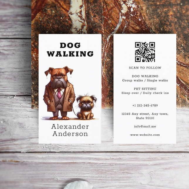 Cartão De Visita Cachorro Engraçado Caminhando Pet Sentando Código  (Funny Dog Walker Walking Pet Sitting QR Code Business Card)