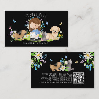 Cartão De Visita Cachorro Floral e Serviços de Cuidados com Animais