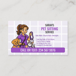 Cartão De Visita Cachorro Gato Cartoon Menina QR Cuidador de Animai