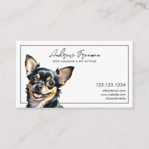 Cartão De Visita Cachorro Negro de Watercolor Chihuahua Andando