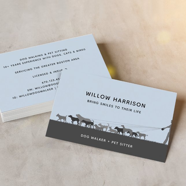 Cartão De Visita Cachorro Silhouette Moderno Andando (Modern Silhouette Dog Walking Dusty Blue Business Card)