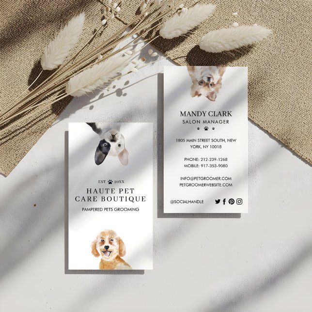 Cartão De Visita Cachorros Aquarelas de Pet Care Grooming & Salon (Peeking Watercolor Dogs Pet Care Grooming & Salon Business Card)