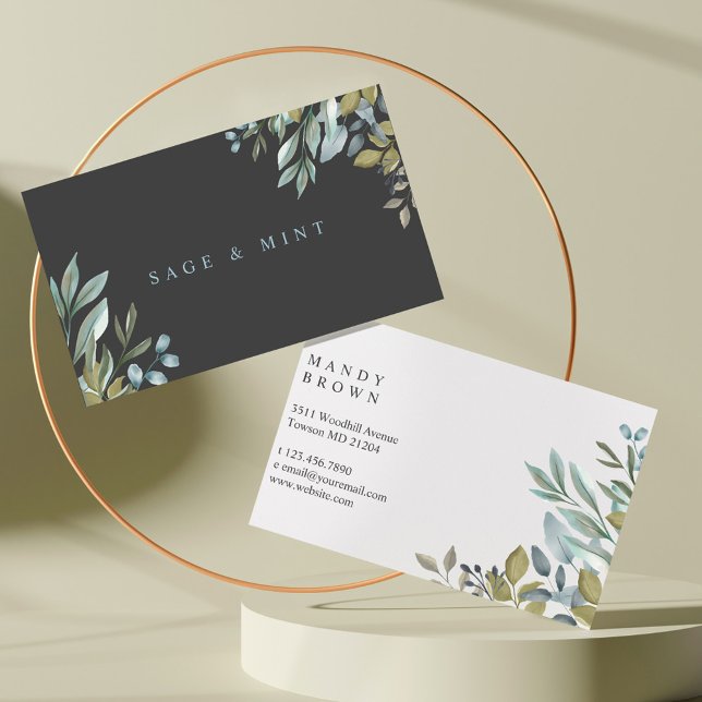 Cartão De Visita Cadeias De Sage E De Folha De Água (Sage And Leaf Watercolor Greenery Business Card)