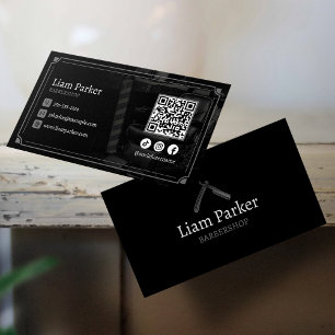 Cartão De Visita Cadeira de Barbearia Preta Código QR de Mídia Soci