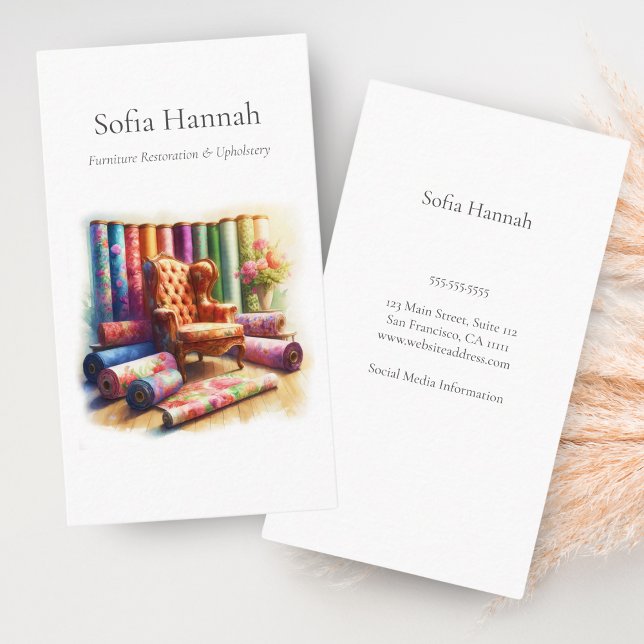 Cartão De Visita Cadeira E Tecido De Retorno, Restauração Do Mobili (Charming wingback chair illustration for upholstery and restoration businesses.)