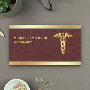 Cartão De Visita Caduceu Símbolo Dourado em Couro Profissional Médi