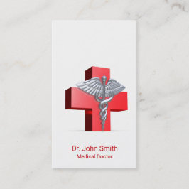 Cartão De Visita Caduceus Medical Silver 3D Cross Red