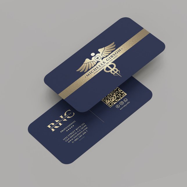 Cartão De Visita Caduco Médico Profissional Moderno Azul FauxGold (Modern Professional Medical Monogram Caduceus Blue Gold Business Card
)