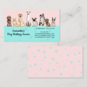 Cartão De Visita Cães de Aquarela com Patas Fofas Rosa Azul