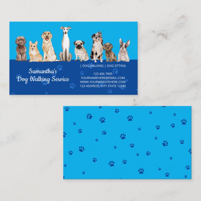 Cartão De Visita Cães de Aquarela Marinho Azul (Frente/Verso)