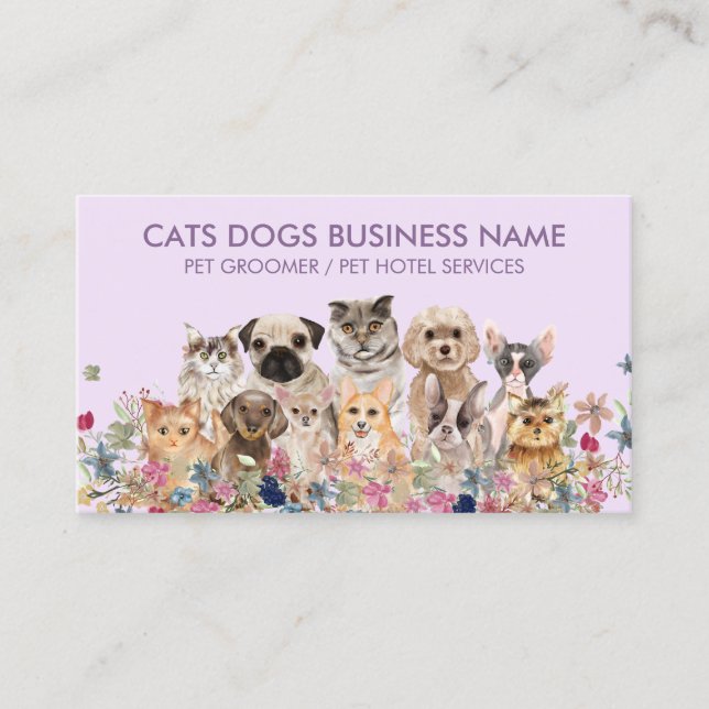 Cartão De Visita Cães e Gatos de flores Lilás Roxo (Frente)