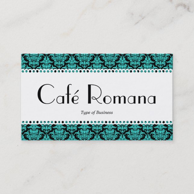 Cartão De Visita Café Romana (Scalloped) Aqua Damask (Frente)