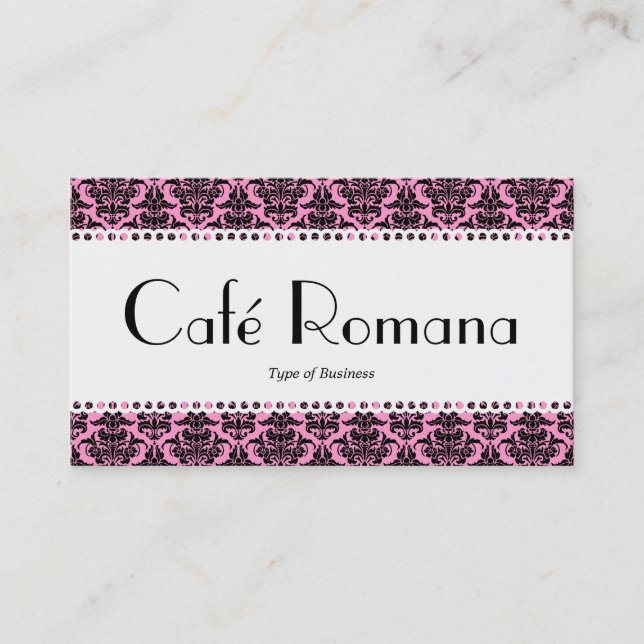 Cartão De Visita Café Romana (Scalloped) Black Damask (Frente)