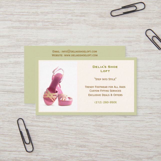 Cartão De Visita Calçados de moda verde-rosa alto salto (Frente/Verso In Situ)