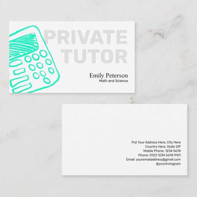 Cartão De Visita Calculadora de Turquesa Sketch Tutor Privado Branc (Frente/Verso)