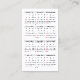 Cartão De Visita Calendário de bolso de 2026 Tamanho domingo Início