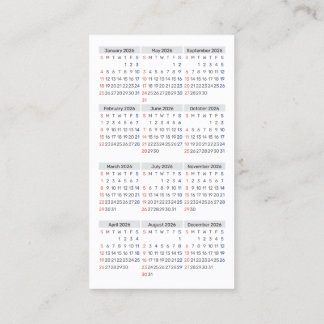 Cartão De Visita Calendário de bolso de 2026 Tamanho domingo Início