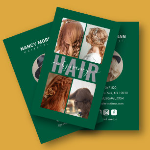 Cartão De Visita Caligrafia de Cabelo Script 4 Foto Grid Esmeralda