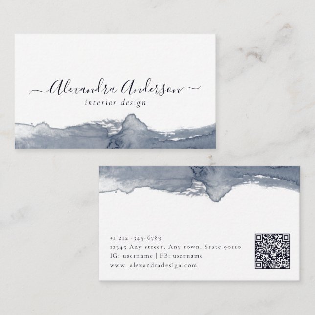 Cartão De Visita Caligrafia por Aquarela da Cinza Moderna Código QR (Frente/Verso)