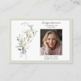 Cartão De Visita Calla Lily Sage Green Memorial Photo Prayer Card