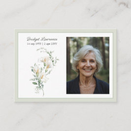 Cartão De Visita Calla Lily Sage Green Memorial Photo Prayer Card