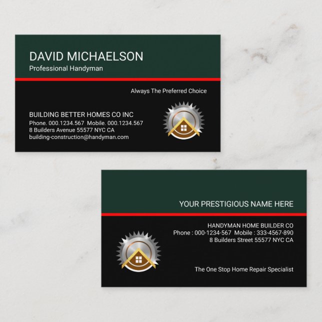 Cartão De Visita Camadas do Handyman Preto-Verde na moda (Frente/Verso)