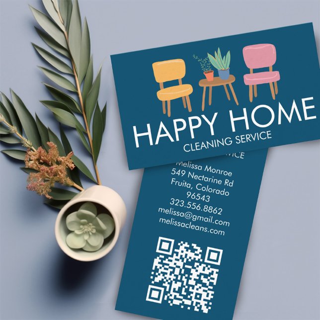 Cartão De Visita Câmara Limpando Cadeias Cuecas Plantas Código QR P (House Cleaning Services Home Decor Cute Chairs Plants Custom QR Code Business Card
)