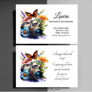 Cartão De Visita Câmera Com Flores E Fotógrafo De Borboleta