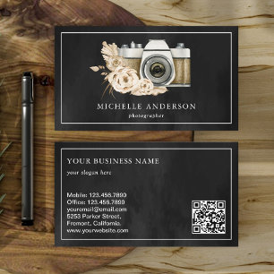 Cartão De Visita Câmera Floral Boho Rústica Código QR Fotógrafo