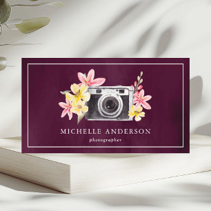 Cartão De Visita Câmera Floral Vintage Código QR Fotógrafo Roxo