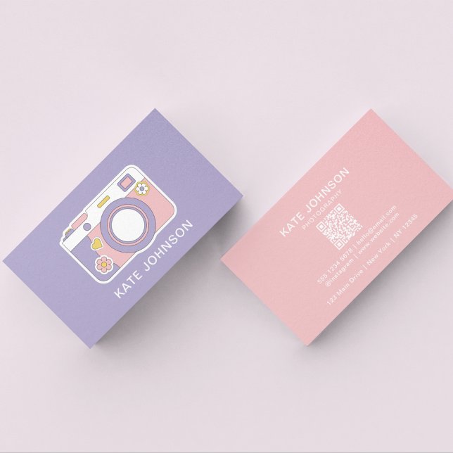 Cartão De Visita Câmera rosa moderno e roxa l Fotografia Código Qr (Criador carregado)