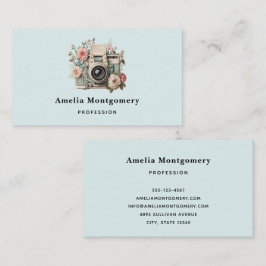 Cartão De Visita Camera with Flowers Retro Pastel Image