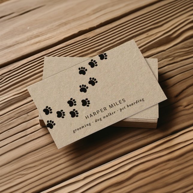 Cartão De Visita Caminho da pata russa do cão (Rustic professional business card on real brown kraft paper featuring a paw path)