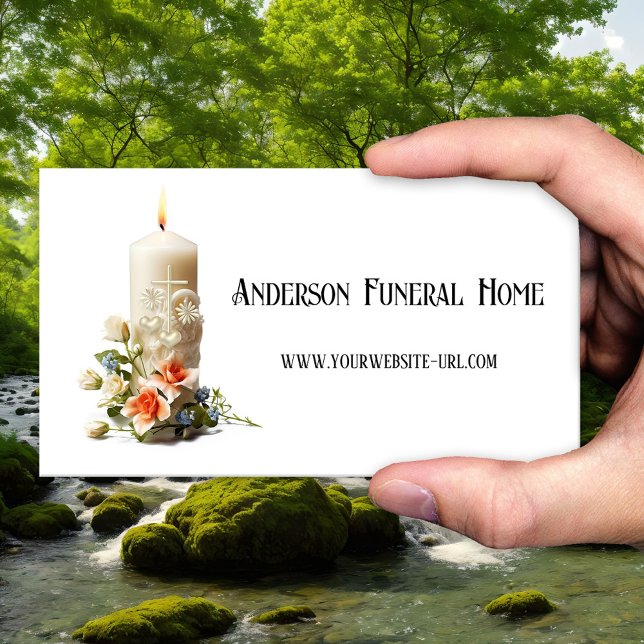 Cartão De Visita Candle Floral Funeral Services (Business card featuring a candle, flowers, cross with hearts - funeral home - cremation - undertaker)