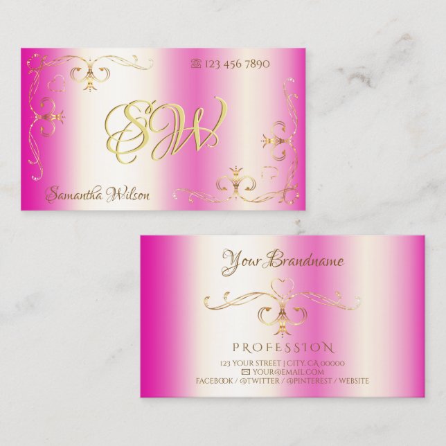 Cartão De Visita Cantinho Dourado de Ornamentado Rosa-Rosa de Luxo  (Frente/Verso)