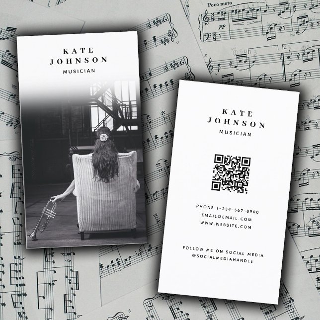 Cartão De Visita Cantor Musical Artista Foto de Mídia Social Código (Singer Musician Artist Photo Social Media QR Code Business Card)