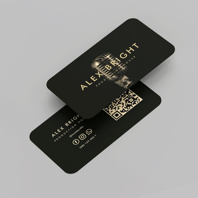 Cartão De Visita Cantor Musical Moderno Gravando Mic Dourado Preto (Modern Musician Singer Recording Black Gold Mic Business Card
)