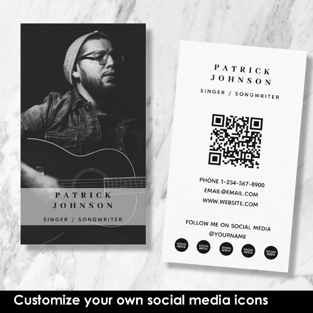 Cartão De Visita Cantor Musicista Foto de Compositor Social (Singer Musician Songwriter Photo Social Media Business Card)