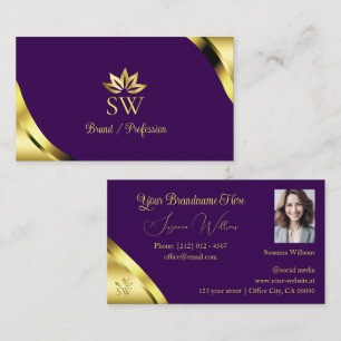 Cartão De Visita Cantos com Brilho Dourado em Roxo com Foto Monogra