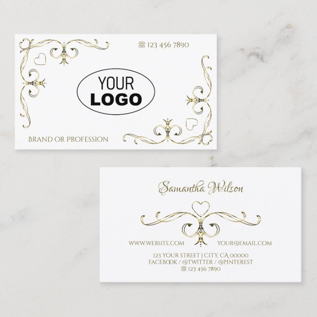 Cartão De Visita Cantos de Ornamentado Dourados de luxo em branco c (Frente/Verso)