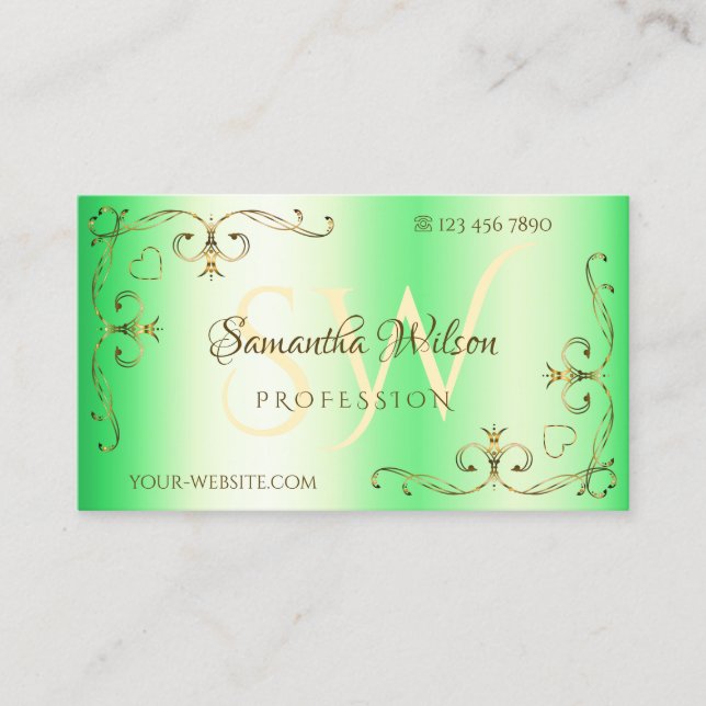 Cartão De Visita Cantos de Ornamentados Dourados verdes e brilhante (Frente)