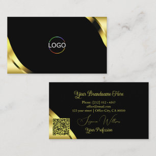Cartão De Visita Cantos de Ouro de Luxo em Preto com Logotipo e Cód